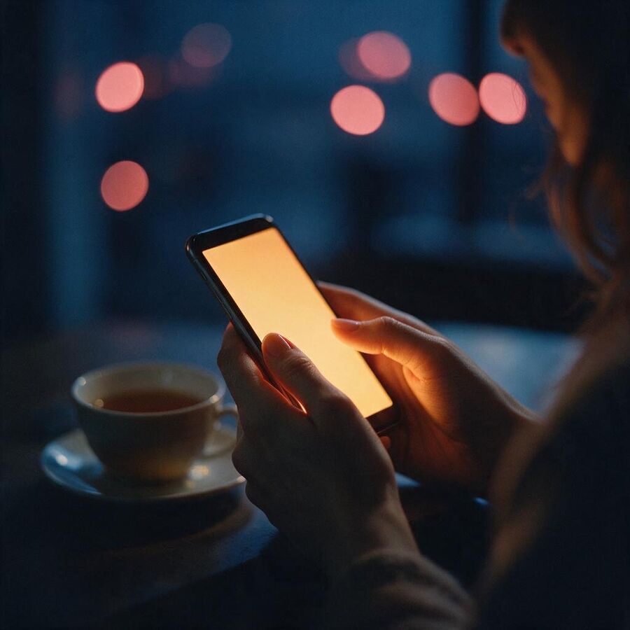 Mani che tengono un telefono acceso in una stanza buia, luce calda dello schermo